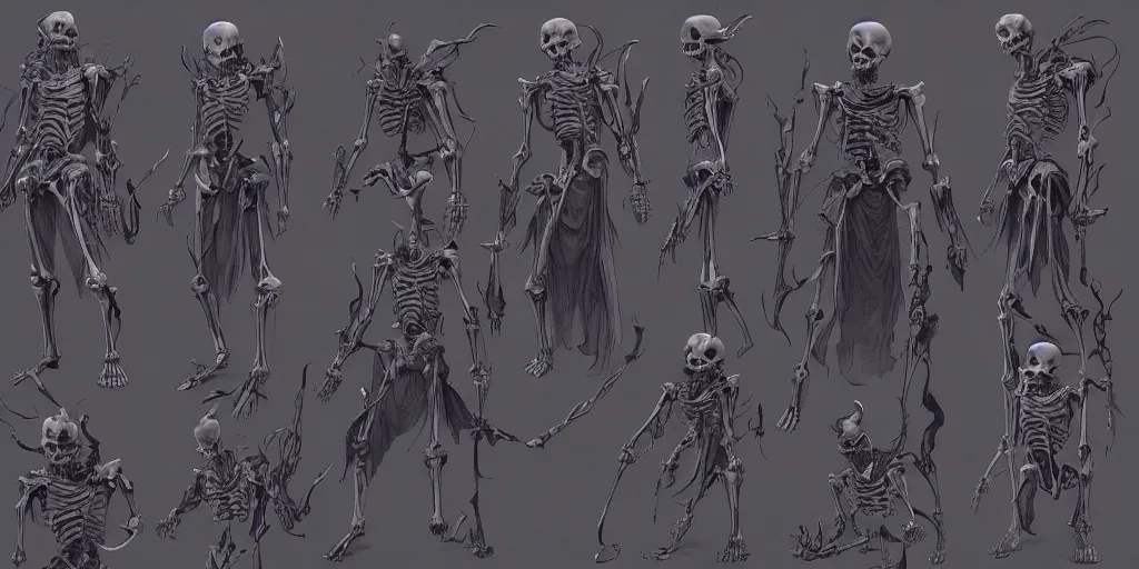 Prompt: Skeleton dark blue flame demon character design sheet, Moebius, Greg Rutkowski, Zabrocki, Karlkka, Jayison Devadas, Phuoc Quan, trending on Artstation, 8K, ultra wide angle, zenith view, pincushion lens effect.