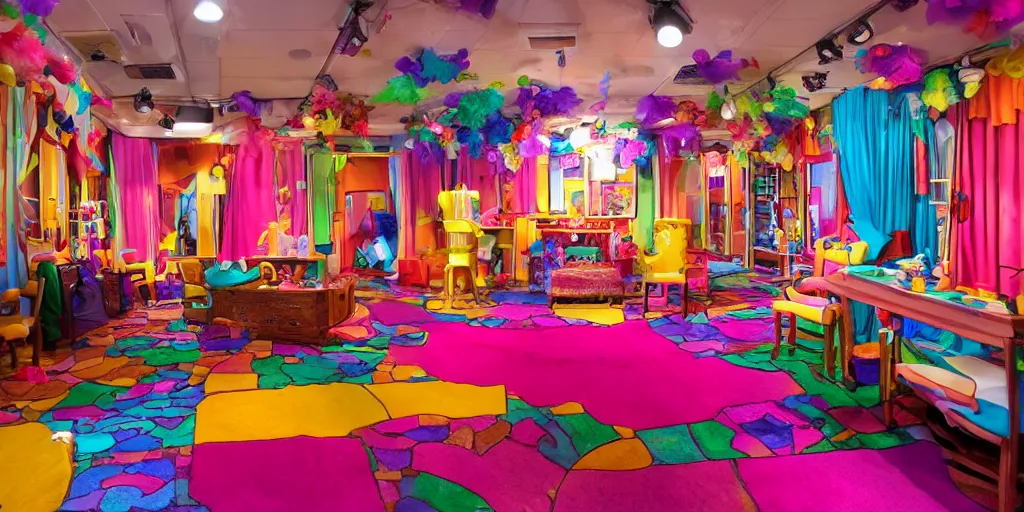 Prompt: a dimly lit, colorful, theater dressing room, made of candy, cartoon style