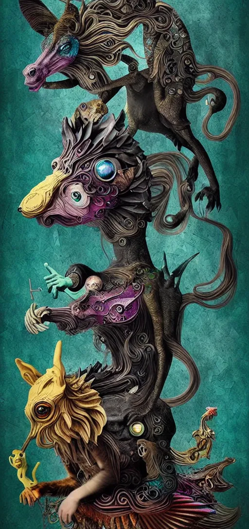 Image similar to strange mythical beasts of whimsy, surreal dark uncanny mixed media colllage by ronny khalil