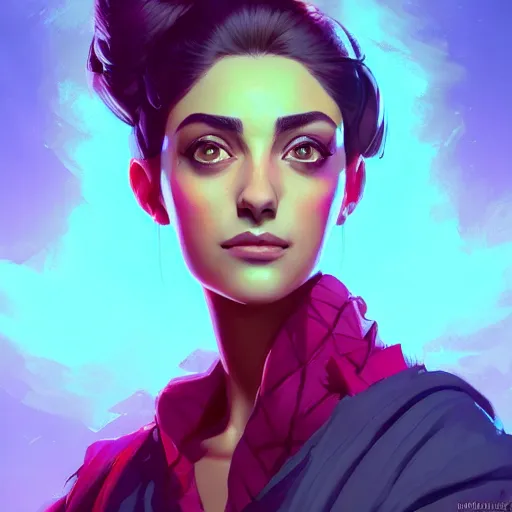 Image similar to beautiful female portrait, maya ali mage, gloomhaven, dynamic lighting, gaudy colors, octane render aesthetic, matte painting concept art, official fanart behance hd artstation by jesper ejsing, by rhads and makoto shinkai and lois van baarle and ilya kuvshinov and rossdraws