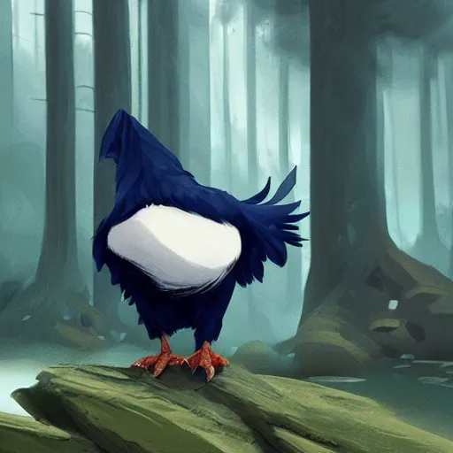 Image similar to concept art painting of an anthropomorphic albino raven wearing dark blue robes, in the deep forest, realistic, detailed, cel shaded, in the style of makoto shinkai and greg rutkowski and james gurney