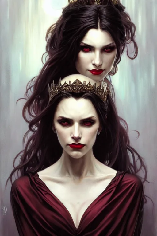 Image similar to portrait of a queen vampire, dark, piercing eyes, gentle expression, elegant clothing, photorealistic, highly detailed, artstation, smooth, sharp focus, art by michael whelan, artgerm, greg rutkowski and alphonse mucha