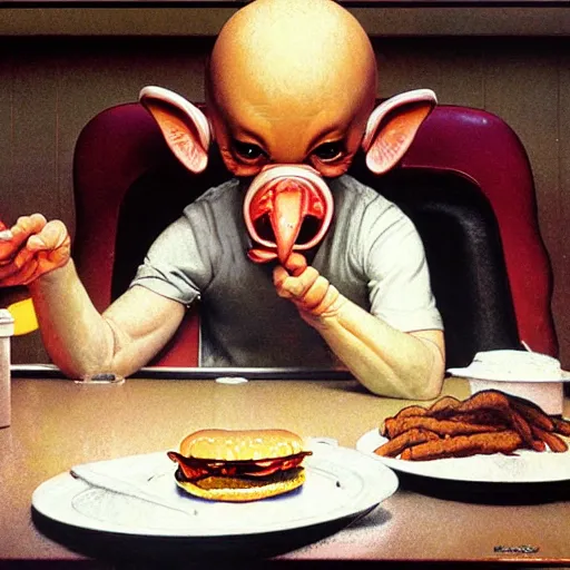 Image similar to hyper realistic, detailed beautiful cute alien, eating a cheeseburger, at a 5 0 s diner, painted by norman rockwell, greg rutkowski, john howe, wlop, artgerm