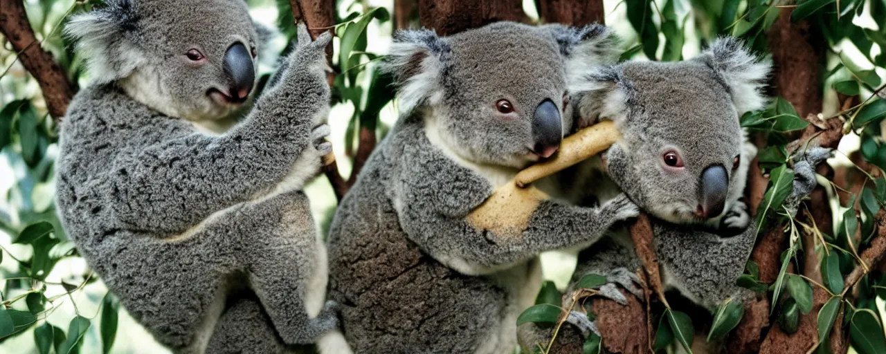 Image similar to 1 koala eating spaghetti from a tree, in the style of national geographic, canon 5 0 mm, film, kodachrome, retro, muted