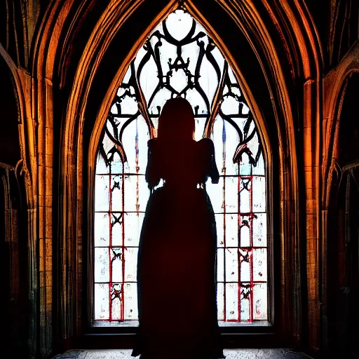 Image similar to 1 8 mm gothic girl dressed in black, behind her a gothic cathedral, dramatic lights, dark ambients, the windows of the cathedral are reflecting red flame lights, golden hour, detailed face, intricate ornaments