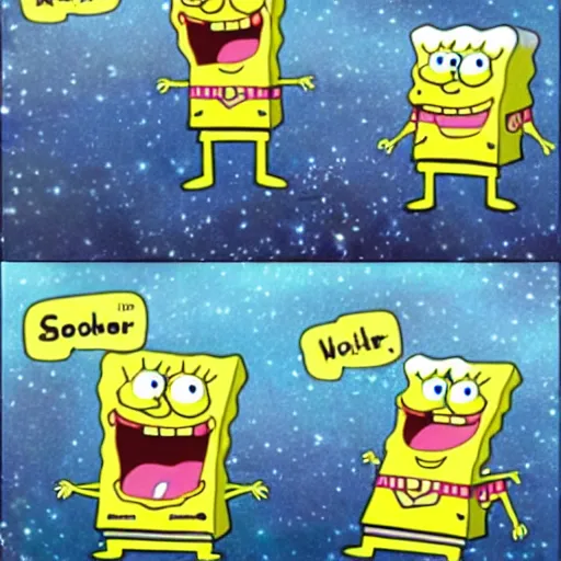 Image similar to spongebob in space crying on patrick