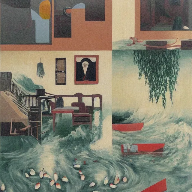 Image similar to painting of flood waters inside an apartment, tall female emo art student, a river flooding through a wall, tangelos, zen, pigs, ikebana, water, river, rapids, waterfall, black swans, canoe, pomegranate, berries dripping, acrylic on canvas, surrealist, by magritte and monet