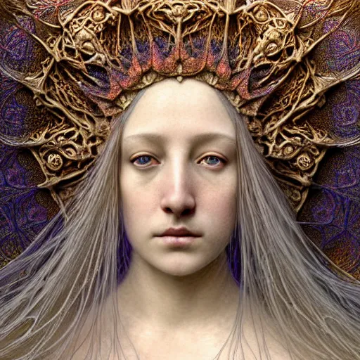 Image similar to detailed realistic beautiful young medieval queen face portrait by jean delville, gustave dore, iris van herpen and marco mazzoni, art forms of nature by ernst haeckel, art nouveau, symbolist, visionary, gothic, neo - gothic, pre - raphaelite, fractal lace, ai biodiversity, surreality, intricate hyper detailed ultra sharp octane render