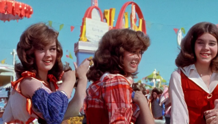 Prompt: 70s movie about a happy, attractive teenager girl at a nice carnival.