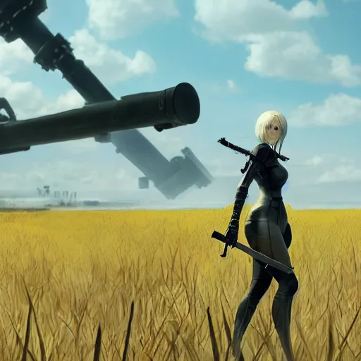 Image similar to a high resolution very detailed image of a 2 with a sword in russian tank boss fight from nier : automata in yellow rye field under pure blue skies