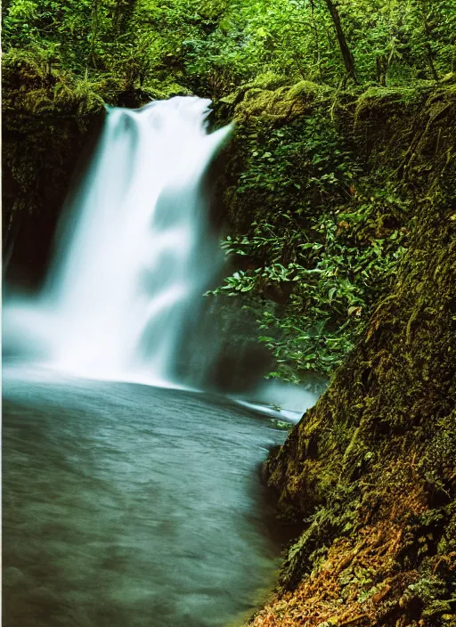 Image similar to waterfall falling into a lake, cliff, trees, photograph, landscape photography, sigma, 5 0 mm, ektachrome, award winning