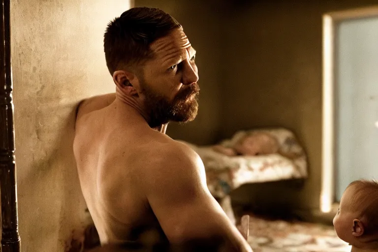 Image similar to film still of Tom Hardy as Max Payne in a dark dream next to a baby crib in the Max Payne movie, 4k