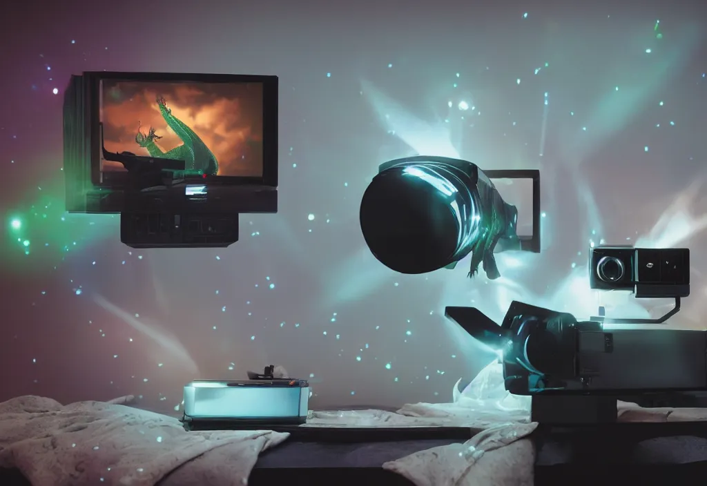 Prompt: 3 dtv dragon popping out of tv, volumetric lighting, bedroom, visor, users, pair of keycards on table, bokeh, creterion collection, shot on 7 0 mm, instax