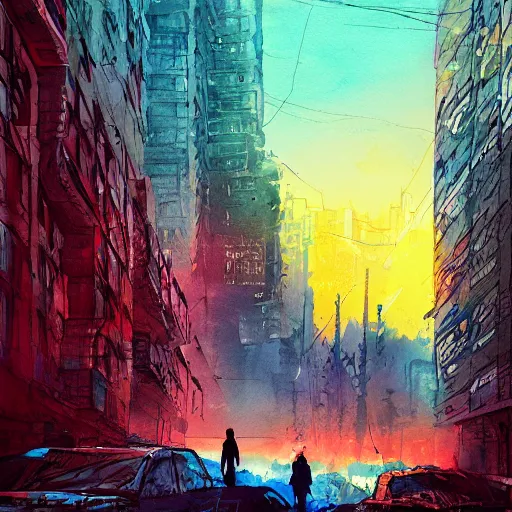 Prompt: teen boy, apocalyptic city in the background, apocalypse, highly detailed, artstation, watercolor, by alena aenami