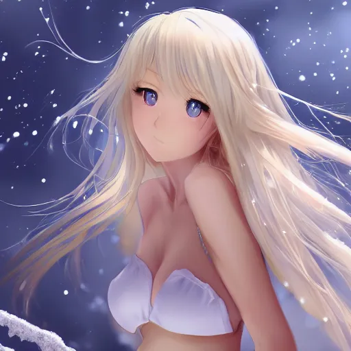 Prompt: winter picture : a shivering very beautiful grown blond anime girl, detailed sky blue eyes, cute, bikini, white miniskirt, highly detailed, cinematic wallpaper by stanley artgerm lau