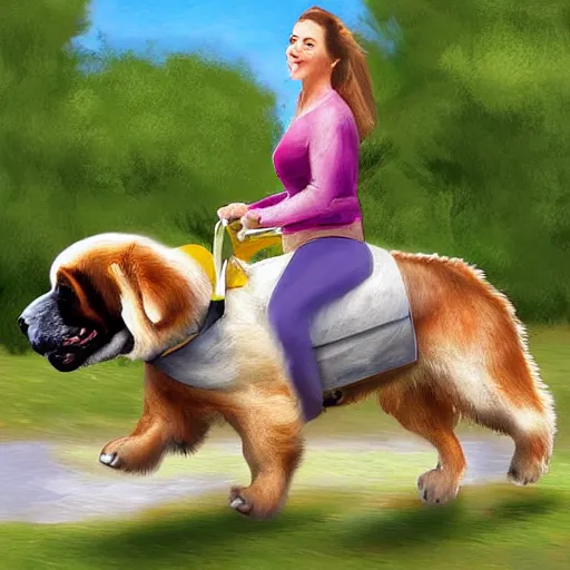 Image similar to digital art of a woman riding a giant saint Bernard in the park,