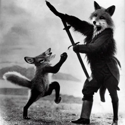 Prompt: anthropomorphic fox man fights in front of a castle, 1910s film scene