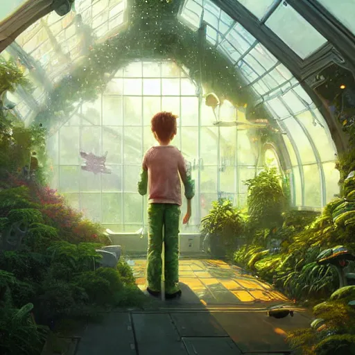 Image similar to , boy with grandma in scifi green house, spaceship, plants, stephen bliss, misty, unreal engine, pixar, fantasy art by greg rutkowski, loish, ferdinand knab, and lois van rossdraws, global illumination, radiant light, minimalist, detailed and intricate environment