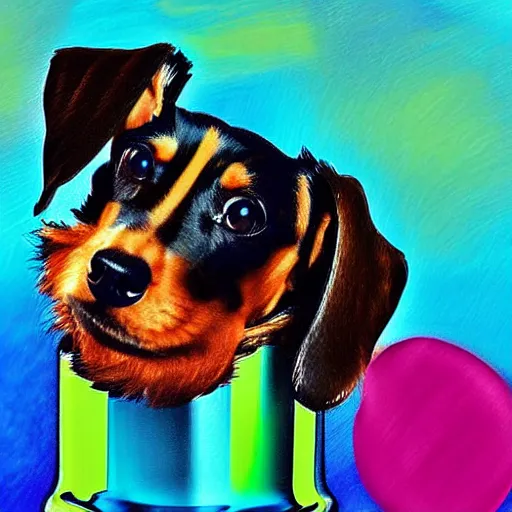 Prompt: portrait of a playful dachshund puppy that's mostly a hybrid murano glass vase, digital art
