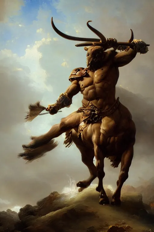 Image similar to oil painting of a strong minotaur with a bull face and wearing full plate armor, in style of ivan aivazovsky, expressive face, detailed face, detailed eyes, full body, feminine face, tracer overwatch,