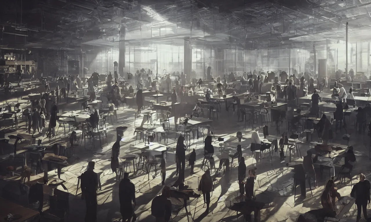 Prompt: cinematic concept, located in empty industrial warehouse with sunlight streaming through the windows, a large table in the middle of the frame that takes up a lot of space, a group of people standing around the table, on top of the table is a large hologram of a city futuristic city, some people are wearing virtual reality headsets in the foreground