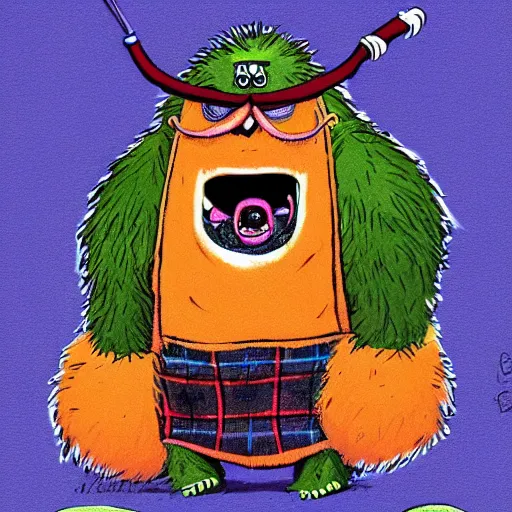 Image similar to a tennis ball monster wearing a scottish kilt, big mustache, scotland blue, digital art, fantasy, magic, chalk, trending on artstation, ultra detailed, professional illustration by basil gogos