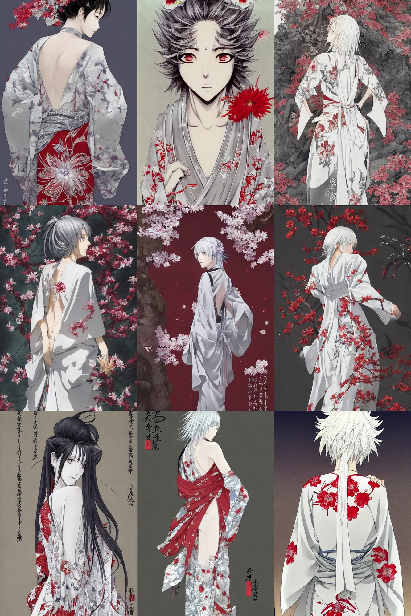 Prompt: beautiful girl, silver hair, white kimono with complex red flower patterns, full body shot, looking to camera, showing her back partially, goddess, ilustration by Takehiko Inoue ((and Krenz Cushart))