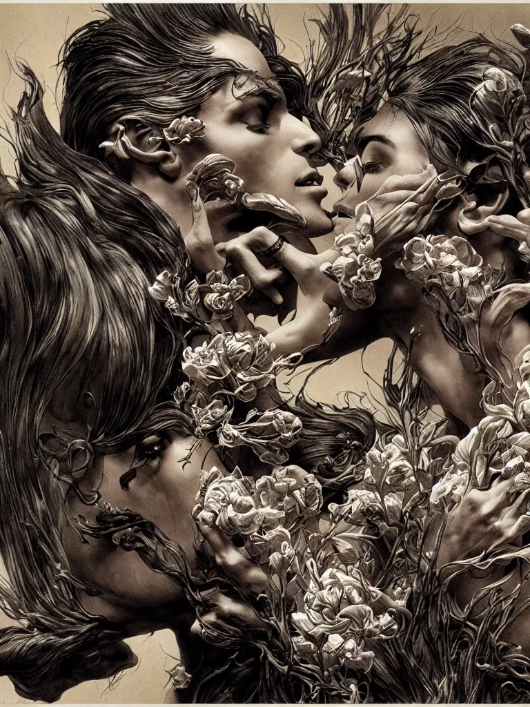 Image similar to fragrance advertising campaign by bernie wrightson, highly detailed