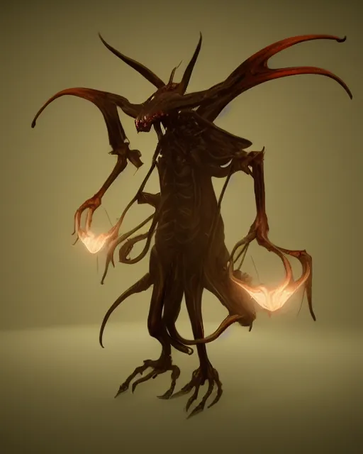 Image similar to pale long-armed demon inspired by moths, cgsociety, detailed, unreal engine, textured, cinematic, character design