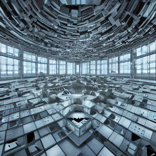 Prompt: massive room full of incomprehensible architecture, alien building