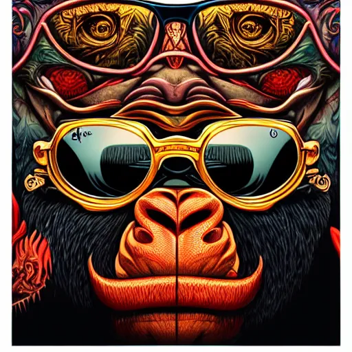 Prompt: barong family member with ray - ban sunglasses, wiwek, mara demon, one single tribe member, jungle, one single mask, dark, gorilla viking, tribal, inner glow, art by dan mumford and justin gerard and takato yamamoto