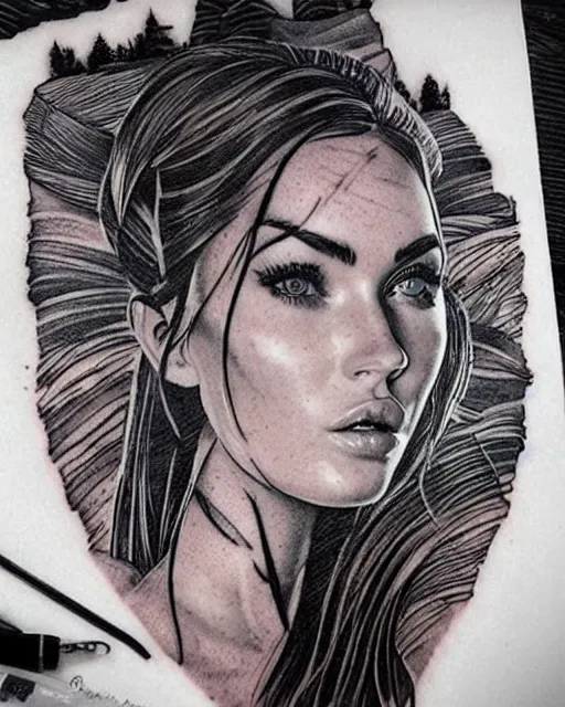 Image similar to creative double exposure effect tattoo design sketch of megan fox with beautiful mountains, realism tattoo, in the style of andrey lukovnikov, amazing detail, sharp