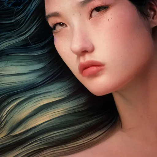 Prompt: Portrait photo of a woman under water, long dark hair, flowing hair, posed in profile, studio lighting, highly detailed, art by artgerm, cinestill 800t