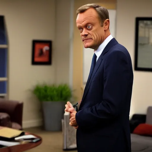 Image similar to Donald Tusk in a still from the american sitcom The Office