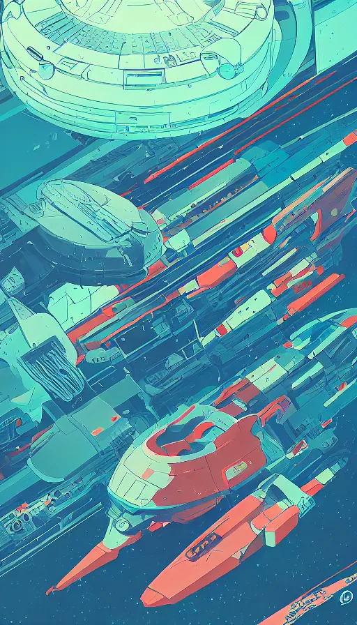 Image similar to spaceship emergency escape pods launch bay, sharp focus, james gilleard, moebius, print, risograph, cinematic, game art