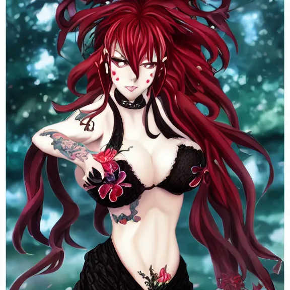 Image similar to christina rene hendricks as a highschool dxd demon character, body covered in floral tattoos, d & d, fantasy, highly detailed, digital art, trending on artstation, smooth, sharp focus, illustration, art by peter tang and artgem