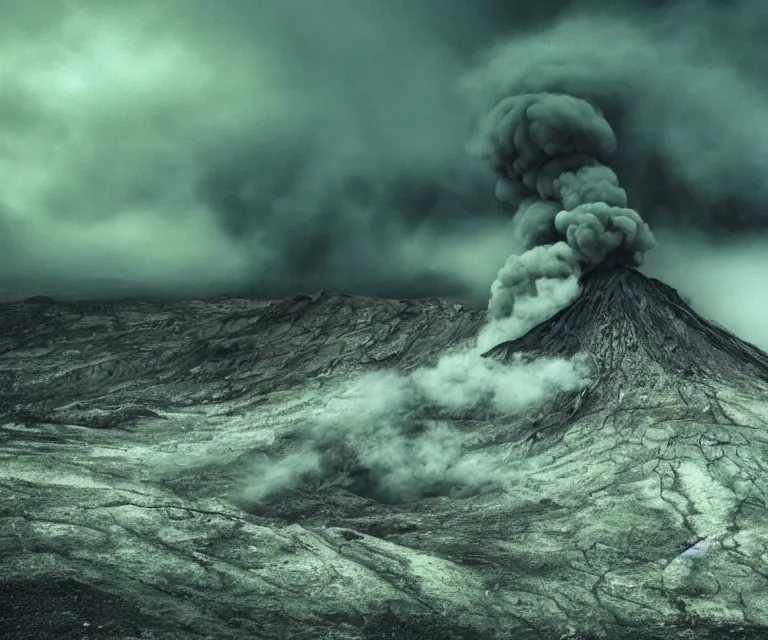 Prompt: a metallic volcano, post - apocalyptic world, green lava, steam, fog, grey skies