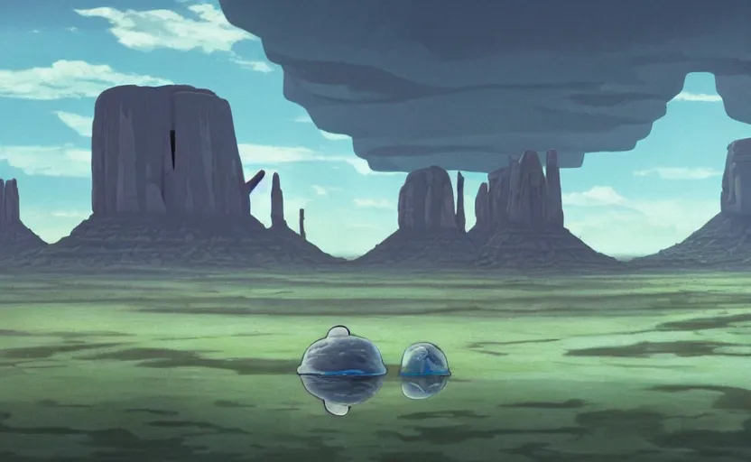 Image similar to hyperrealist painting of a stone spaceship inside a giant transparent bubble from howl's moving castle ( 2 0 0 4 ) in a flooded monument valley stonehenge jungle. 1 9 7 0 s science fiction, moody, misty, depth perception, 4 k, artstation, in the style of studio ghibli