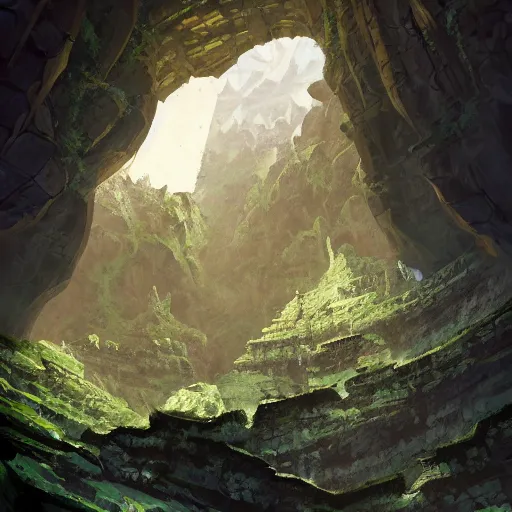 Image similar to view of the entrance to a dungeon of the gods at the base of an ancient mountain, realistic lighting, dark, foreboding, highly detailed, chaotic small details, behance hd, by rhads, makoto shinkai and lois van baarle, ilya kuvshinov, rossdraws, global illumination