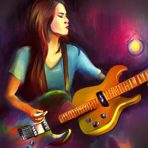 Prompt: women playing guitar, many television sets in the background, art poster, art nuevo, artstation, details, fog, futuristic