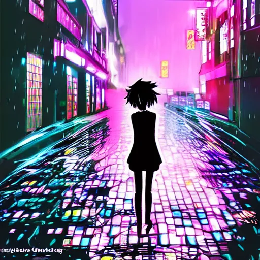 Image similar to advanced digital anime art, invisible girl dancing in the rain on a neon lit street, water reflections.