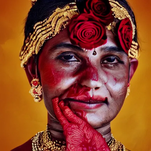 Image similar to realistic expired fuji film portrait of happy india hijra, red roses celestial vibe, hyperrealism, hypermaxiymalism, photorealistic, detailed, atmospheric, 8 k, award winning photography, cinematic