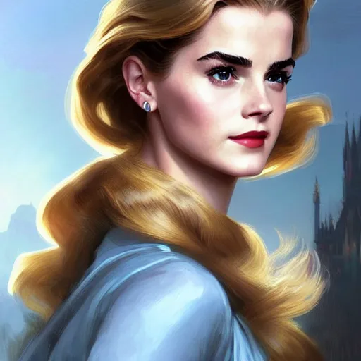 Image similar to A combination of Grace Kelly's and Emma Watson's and Katherine McNamara's faces as Super Girl, western, D&D, fantasy, intricate, elegant, highly detailed, digital painting, artstation, concept art, matte, sharp focus, illustration, art by Artgerm and Greg Rutkowski and Alphonse Mucha