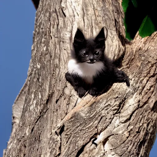 Prompt: a bat kitten, in a tree, wings folded, Nikon, telephhoto