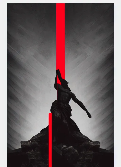 Prompt: dark design poster showing a statue of the greek gods, black background with very subtle red and purple design elements, powerful, nekro, vito acconci, thin straight lines, dark, glitch art, neo vaporwave, gritty, layout frame, square, trending on artstation