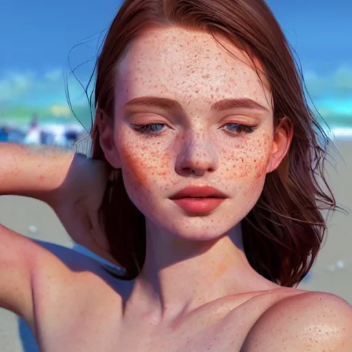 Image similar to portrait of a cute thin young woman, red blush, cute freckles, small smile, modern clothes, relaxing on the beach, serene beach setting, close up shot, 8 k, art by irakli nadar, hyperrealism, hyperdetailed, ultra realistic