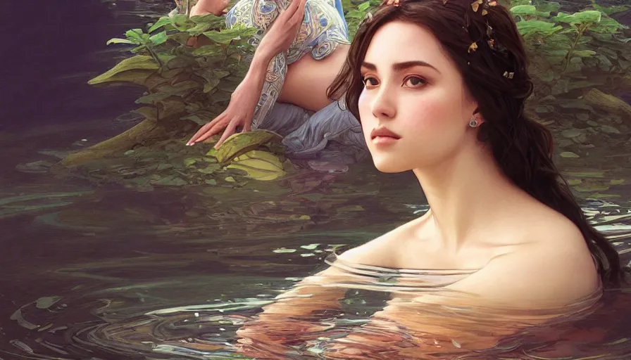 Image similar to jealousy, perfectly-centered-Portrait of the most beautiful woman on the planet floating in the river, intricate, highly detailed, digital painting, artstation, concept art, smooth, sharp focus, illustration, Unreal Engine 5, 8K, art by artgerm and greg rutkowski and alphonse mucha