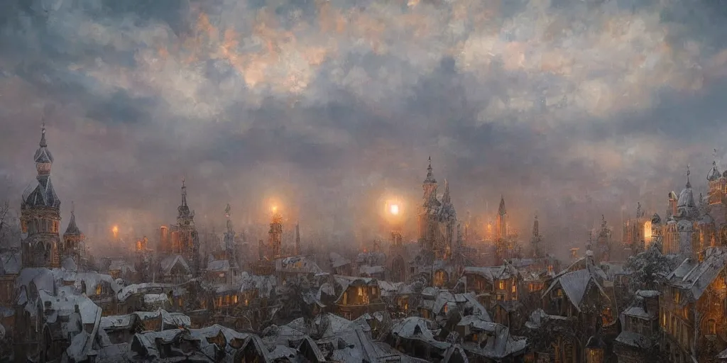 Prompt: beautiful magical ancient Slavic city of Kitezh in mist, magical glow, magic mist, strange buildings, oil painting, painting by Viktor Vasnetsov, concept art, fantasy cityscape, ancient Russian architecture, painting by Ivan Shishkin, hyperborea, high resolution, trending on artstation, hyperrealism