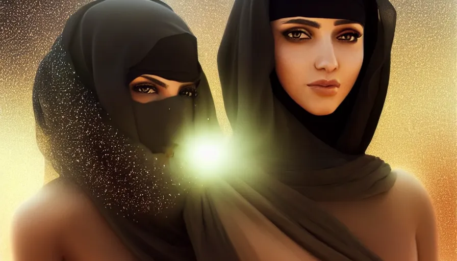 Image similar to Portrait of very very very very very very beautiful Arab woman wearing a Niqab, glowing magical eyes, energy trails, under giant full moon in the desert, intricate, elegant, highly detailed, digital painting, artstation, concept art, smooth, sharp focus, illustration, art by artgerm and greg rutkowski and alphonse mucha