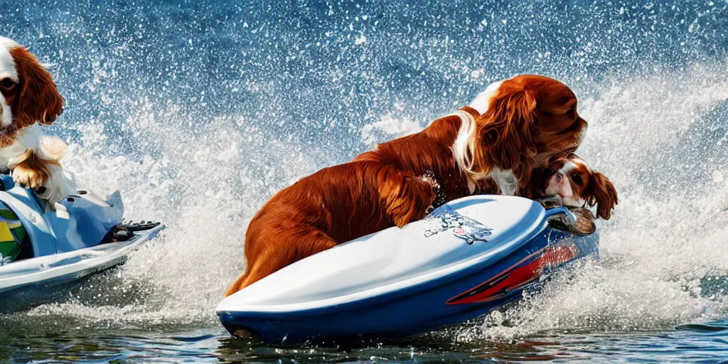 Prompt: A Cavalier King Charles Spaniel on a Jetski